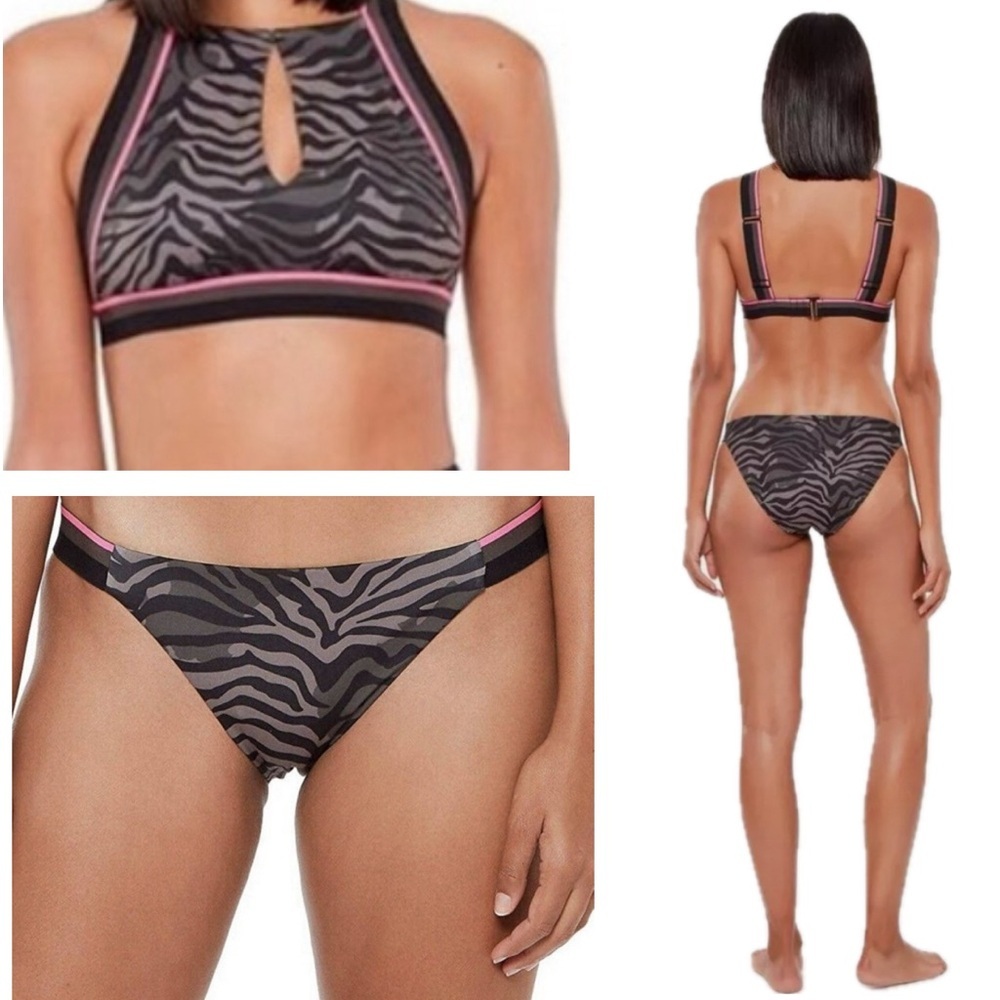 Sanctuary 2pc Here Kitty Kitty Keyhole High Neck Zebra Bikini Top & Bottoms NWT